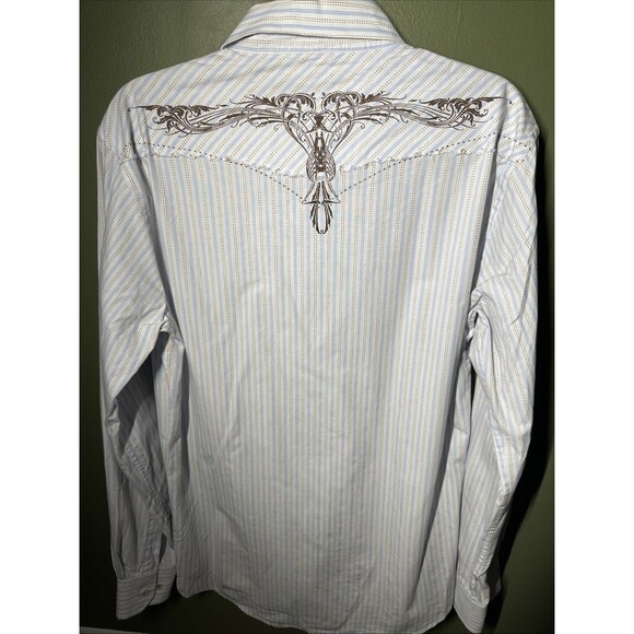 7 Diamonds Men’s Western Shirt Blue Brown Stripe Embroidered Back L/S - Picture 3 of 3